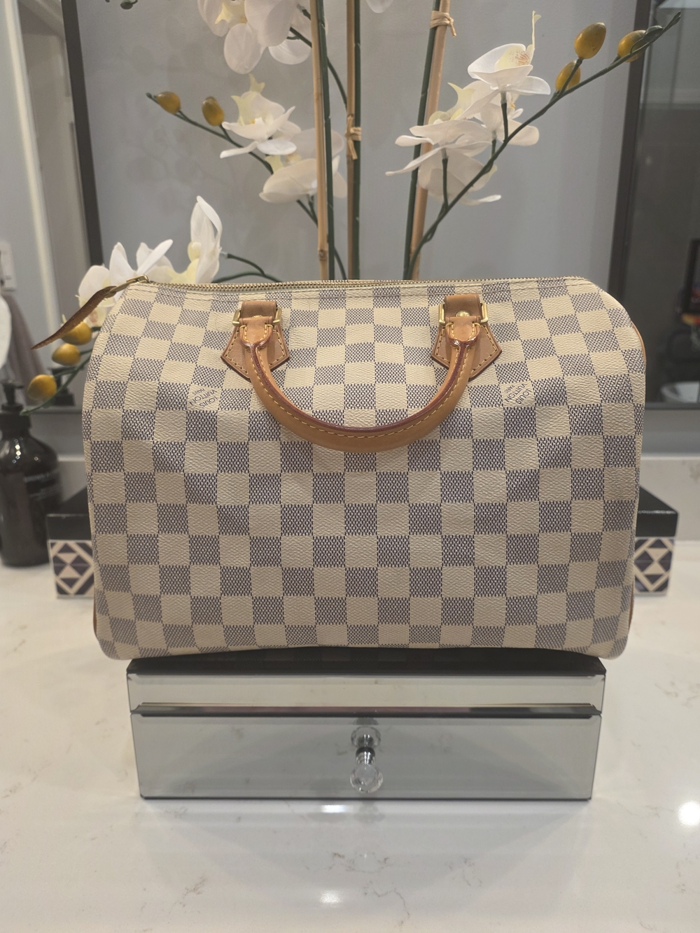 Louis Vuitton Damier Azur Satchel in Cream and Tan